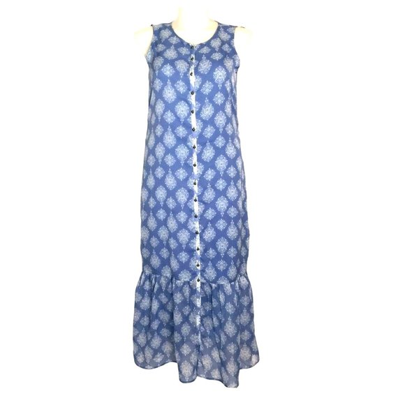 Lucky Brand Dresses & Skirts - Lucky Brand Blue Ikat Maxi Dress Small Sleeveless Ruffle Bottom Buttons